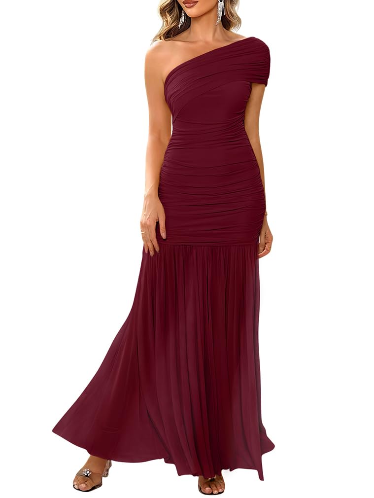 LAGSHIAN Women's Elegant Formal Long Dress One Shoulder Sleeveless Ruched Bodycon Evening Dress