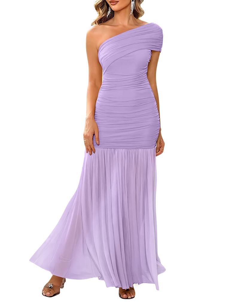 LAGSHIAN Women's Elegant Formal Long Dress One Shoulder Sleeveless Ruched Bodycon Evening Dress