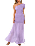 LAGSHIAN Women's Elegant Formal Long Dress One Shoulder Sleeveless Ruched Bodycon Evening Dress