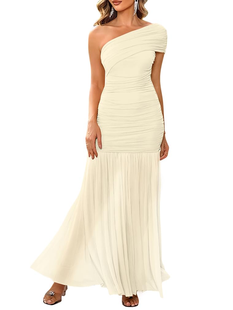 LAGSHIAN Women's Elegant Formal Long Dress One Shoulder Sleeveless Ruched Bodycon Evening Dress