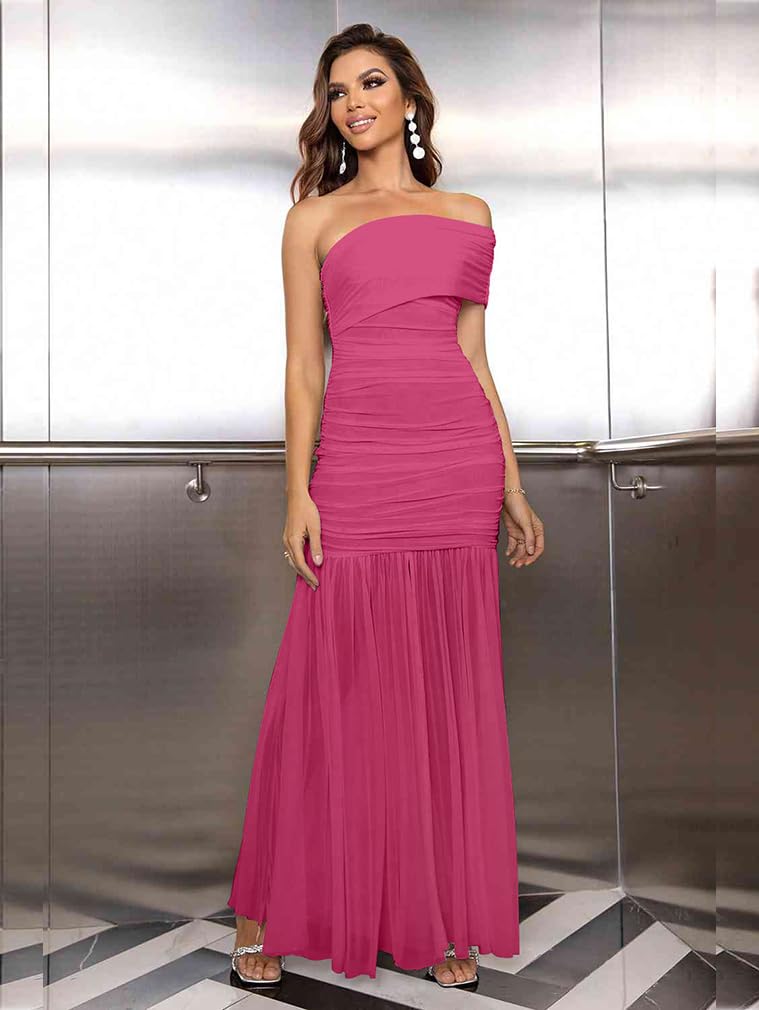 LAGSHIAN Women's Elegant Formal Long Dress One Shoulder Sleeveless Ruched Bodycon Evening Dress