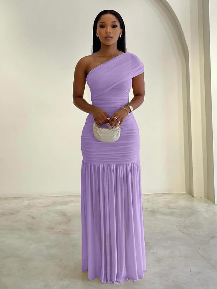 LAGSHIAN Women's Elegant Formal Long Dress One Shoulder Sleeveless Ruched Bodycon Evening Dress