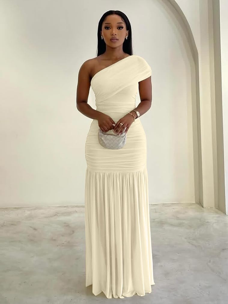 LAGSHIAN Women's Elegant Formal Long Dress One Shoulder Sleeveless Ruched Bodycon Evening Dress
