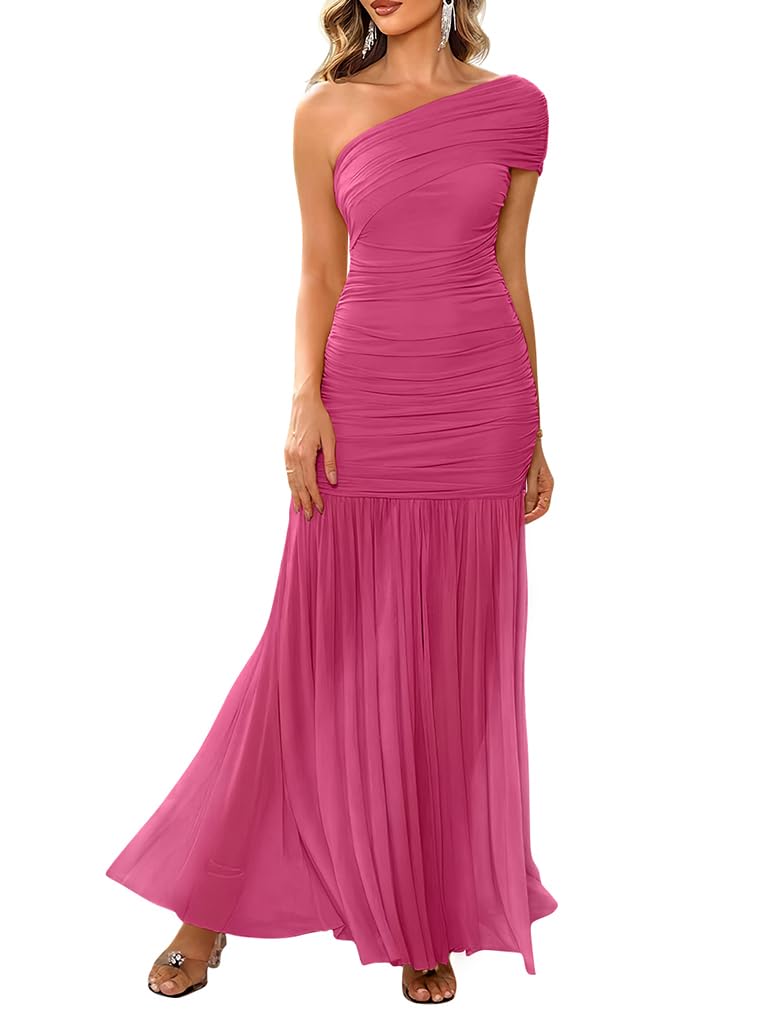 LAGSHIAN Women's Elegant Formal Long Dress One Shoulder Sleeveless Ruched Bodycon Evening Dress