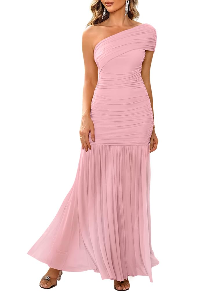 LAGSHIAN Women's Elegant Formal Long Dress One Shoulder Sleeveless Ruched Bodycon Evening Dress