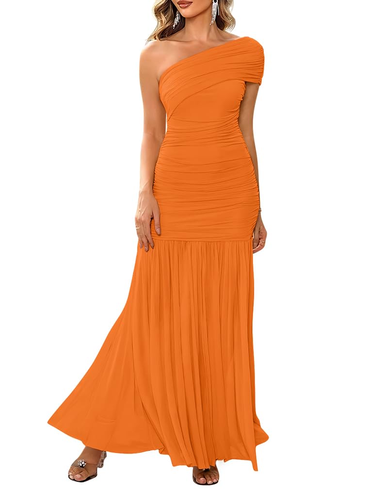 LAGSHIAN Women's Elegant Formal Long Dress One Shoulder Sleeveless Ruched Bodycon Evening Dress