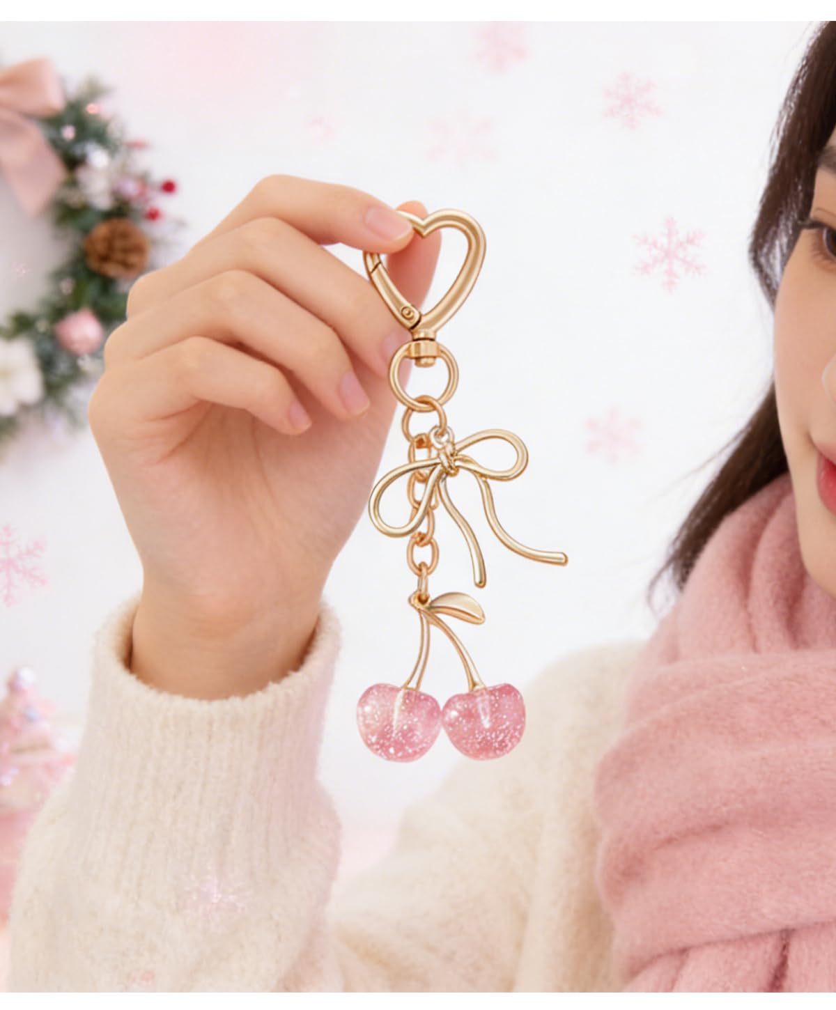 Rikhiua Cute Cherry Keychain Bag Charm Elegant Bow Keychain for Women Friends Family Birthday Christmas Inspirational Gift