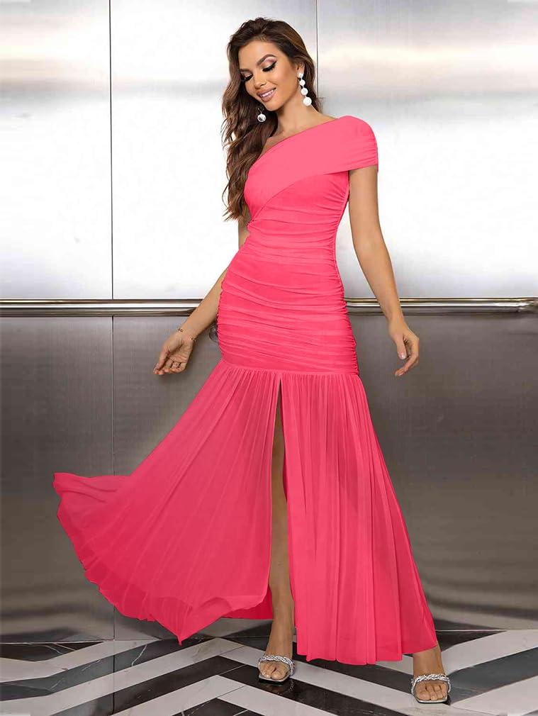 LAGSHIAN Women's Elegant Formal Long Dress One Shoulder Sleeveless Ruched Bodycon Evening Dress