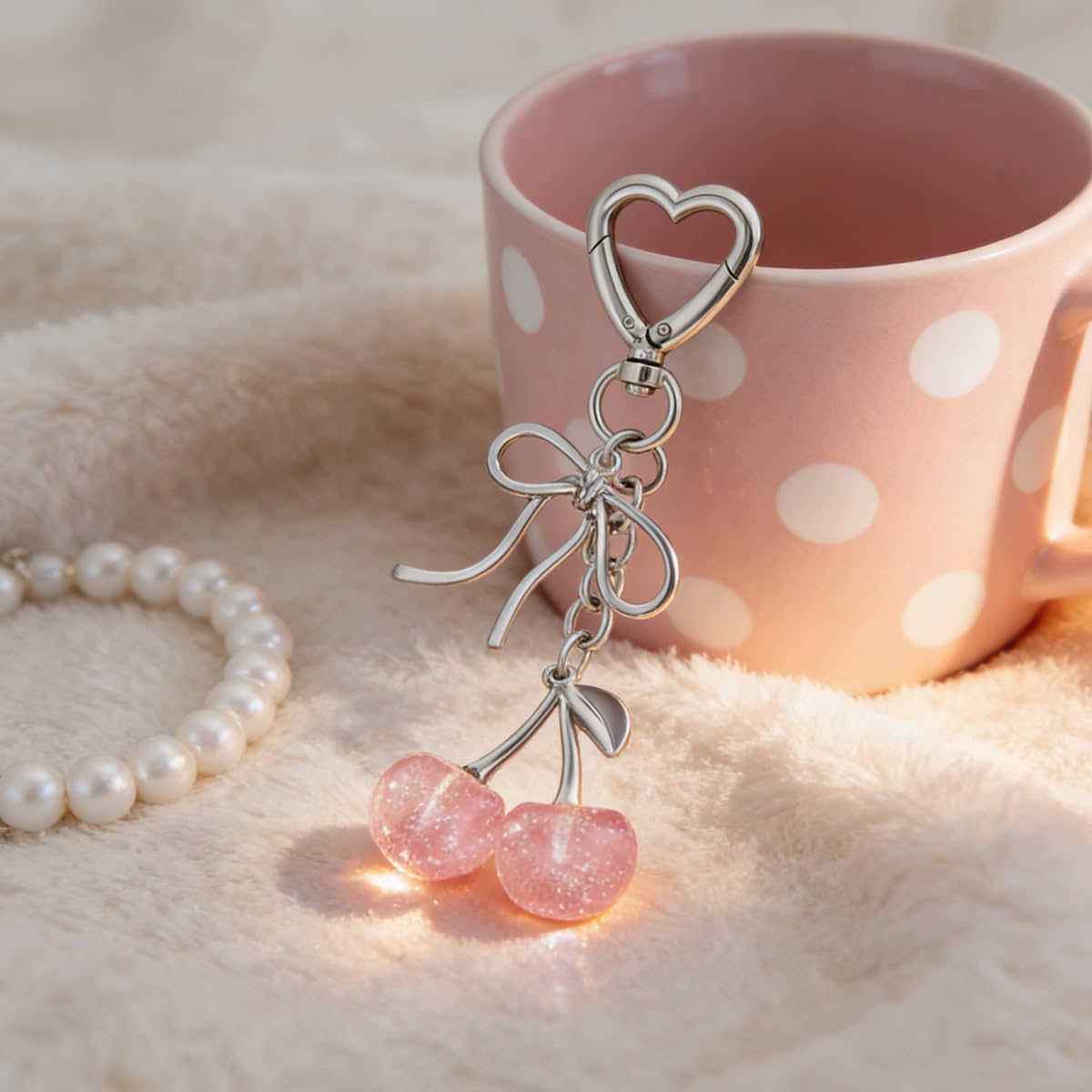 Rikhiua Cute Cherry Keychain Bag Charm Elegant Bow Keychain for Women Friends Family Birthday Christmas Inspirational Gift