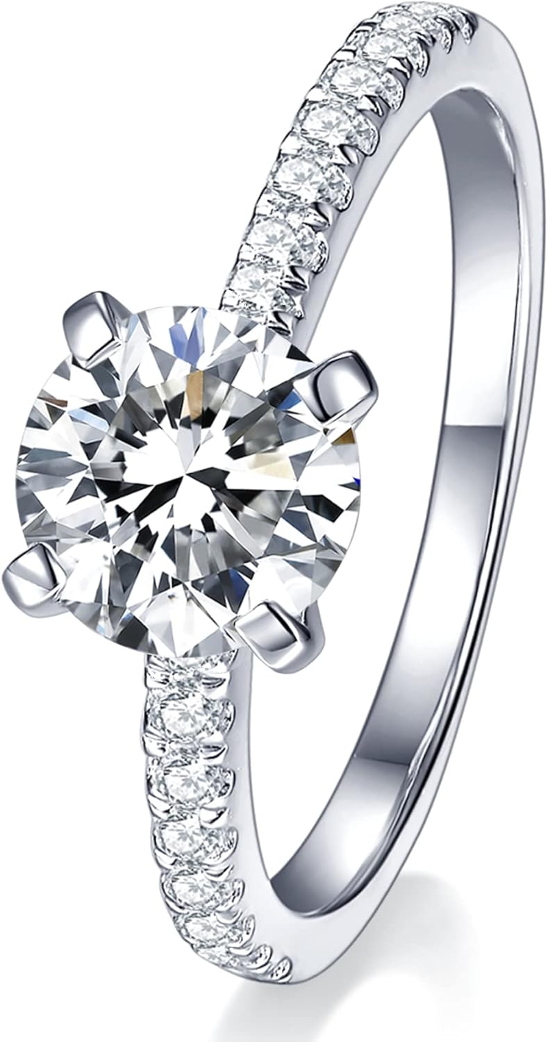 IMOLOVE Solitaire Moissanite Engagement Ring, 1CT D Color VVS1 Clarity, 925 Sterling Silver with 18K White Gold Plated, Ideal Gift for Women
