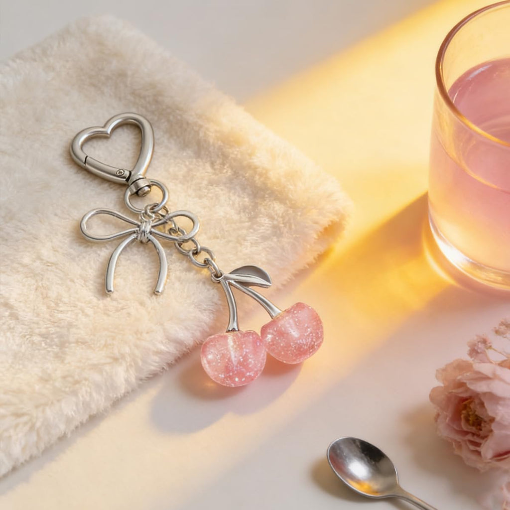 Rikhiua Cute Cherry Keychain Bag Charm Elegant Bow Keychain for Women Friends Family Birthday Christmas Inspirational Gift