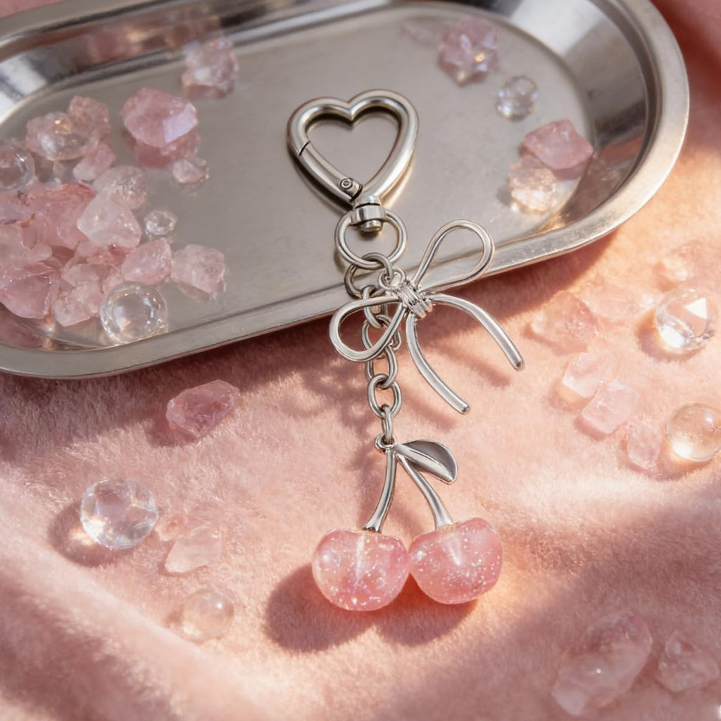 Rikhiua Cute Cherry Keychain Bag Charm Elegant Bow Keychain for Women Friends Family Birthday Christmas Inspirational Gift