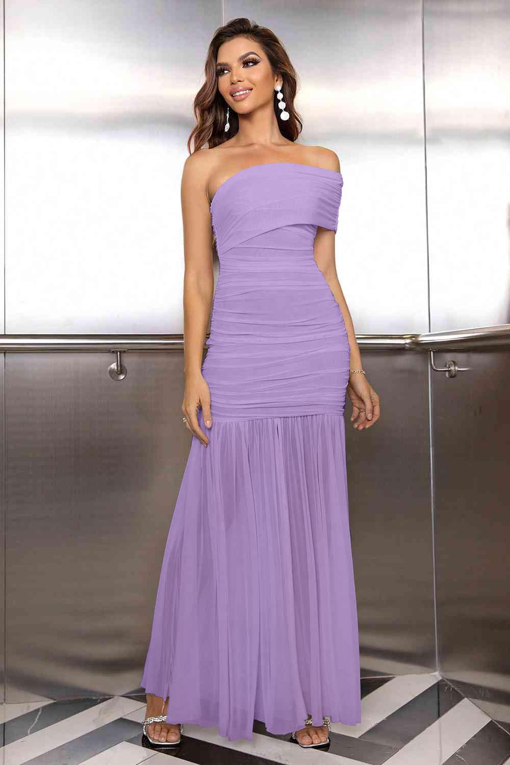 LAGSHIAN Women's Elegant Formal Long Dress One Shoulder Sleeveless Ruched Bodycon Evening Dress