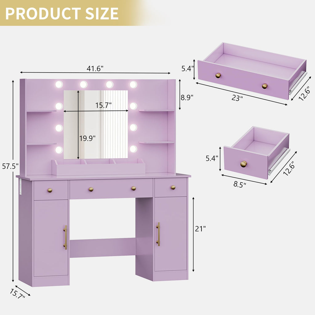 Vanity Desk with Mirror and Lights, 43'' Pink Makeup Dressing Table Set with 5 Drawers & Chair, Power Outlet, 3 Lighting Modes Adjustable Brightness & RGB LED for Women Girls Bedroom Bathroom