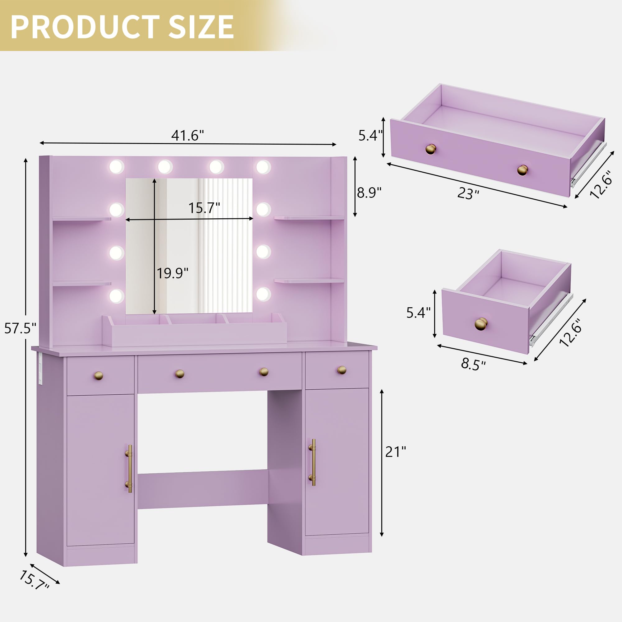 Vanity Desk with Mirror and Lights, 43'' Pink Makeup Dressing Table Set with 5 Drawers & Chair, Power Outlet, 3 Lighting Modes Adjustable Brightness & RGB LED for Women Girls Bedroom Bathroom