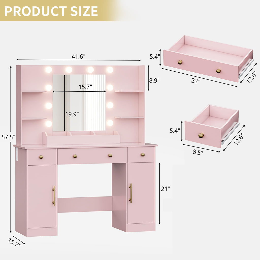 Vanity Desk with Mirror and Lights, 43'' Pink Makeup Dressing Table Set with 5 Drawers & Chair, Power Outlet, 3 Lighting Modes Adjustable Brightness & RGB LED for Women Girls Bedroom Bathroom