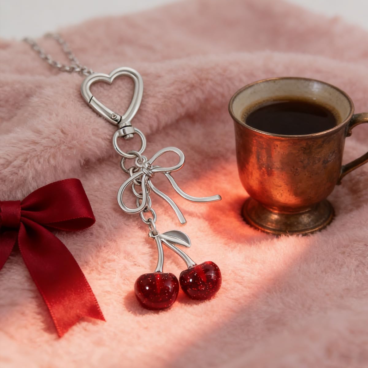 Rikhiua Cute Cherry Keychain Bag Charm Elegant Bow Keychain for Women Friends Family Birthday Christmas Inspirational Gift