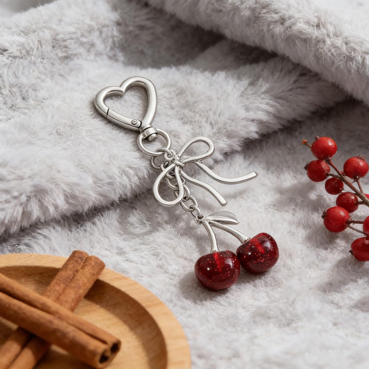 Rikhiua Cute Cherry Keychain Bag Charm Elegant Bow Keychain for Women Friends Family Birthday Christmas Inspirational Gift