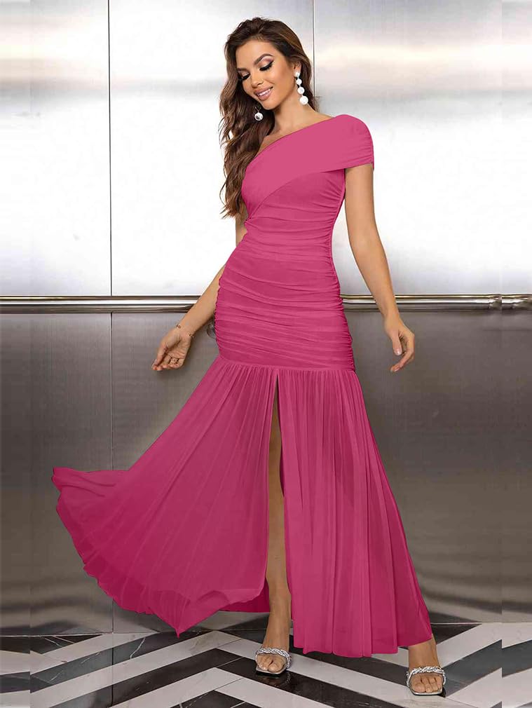 LAGSHIAN Women's Elegant Formal Long Dress One Shoulder Sleeveless Ruched Bodycon Evening Dress