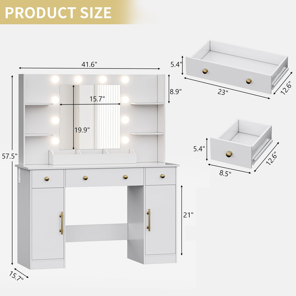 Vanity Desk with Mirror and Lights, 43'' Pink Makeup Dressing Table Set with 5 Drawers & Chair, Power Outlet, 3 Lighting Modes Adjustable Brightness & RGB LED for Women Girls Bedroom Bathroom