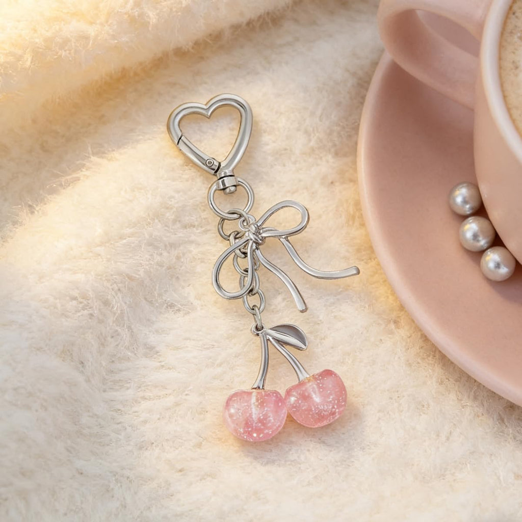 Rikhiua Cute Cherry Keychain Bag Charm Elegant Bow Keychain for Women Friends Family Birthday Christmas Inspirational Gift