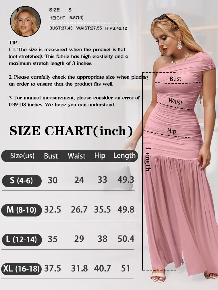 LAGSHIAN Women's Elegant Formal Long Dress One Shoulder Sleeveless Ruched Bodycon Evening Dress