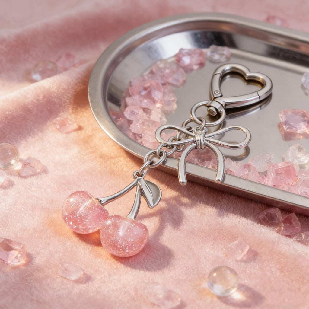 Rikhiua Cute Cherry Keychain Bag Charm Elegant Bow Keychain for Women Friends Family Birthday Christmas Inspirational Gift