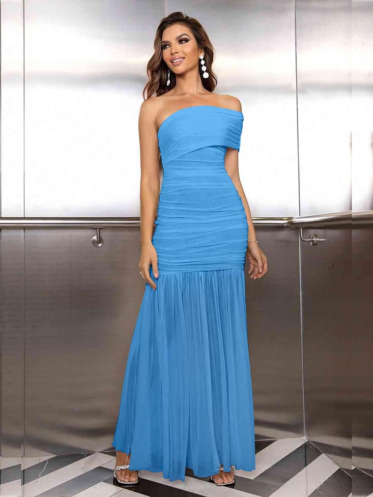 LAGSHIAN Women's Elegant Formal Long Dress One Shoulder Sleeveless Ruched Bodycon Evening Dress