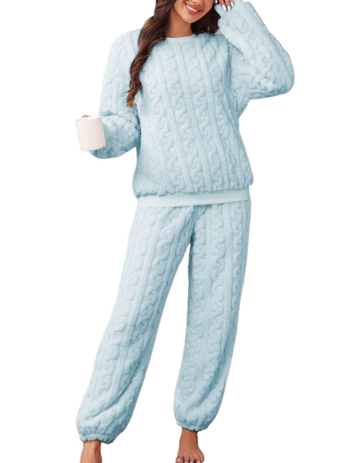 Pajamas Sets for Women Soft Comfy Fluffy Pajama Fleece Pullover Ribbed Pjs Warm Plush Lounge Sleepwear