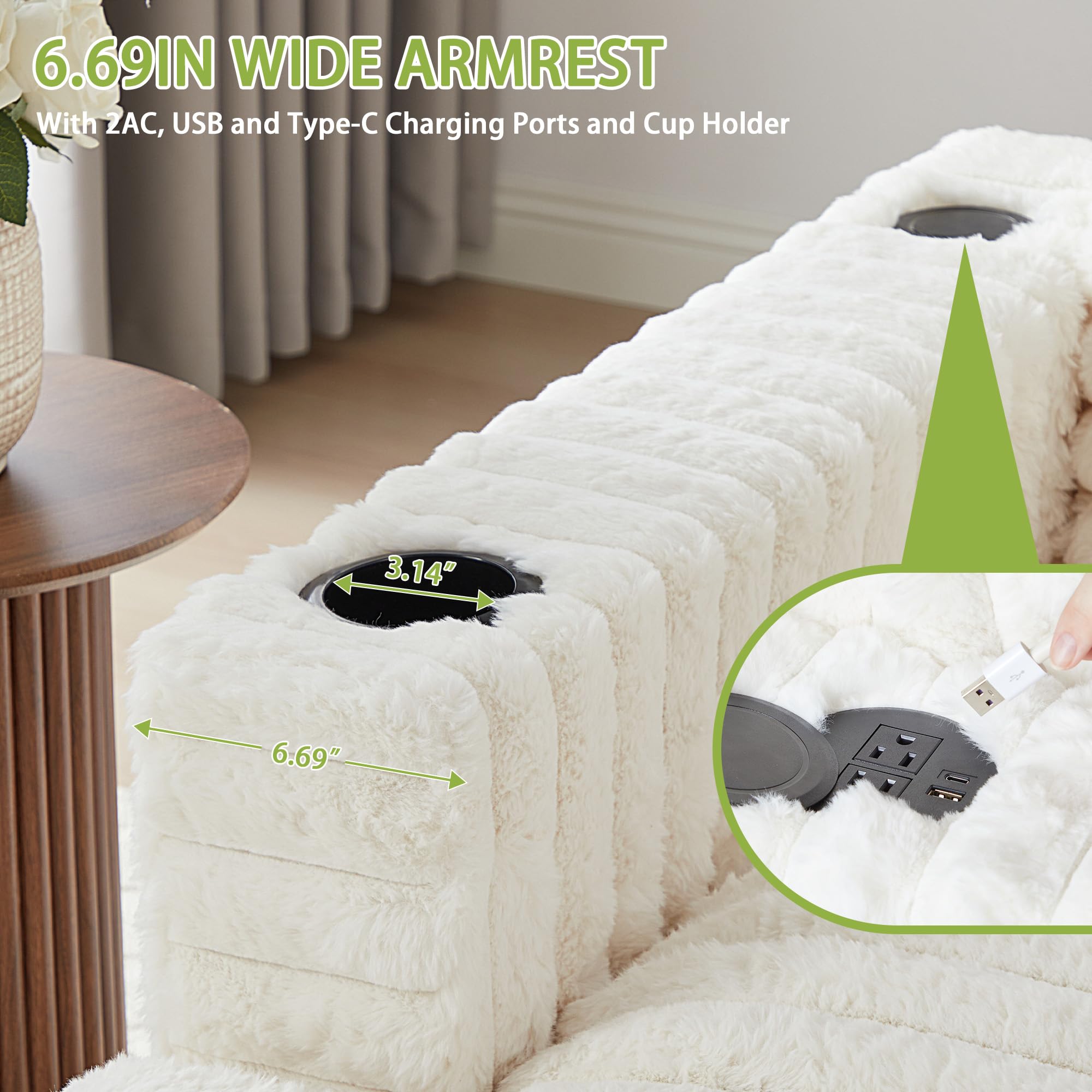 RARZOE 64'' Oversized Chaise Lounge Chair Indoor, Plush Faux Rabbit Fur Sleeper Sofa Bed with 4 Pillows, Charging Station & Cup Holders, Fluffy Comfy Cloud Couch Loveseat Sofa for Living Room,Pink