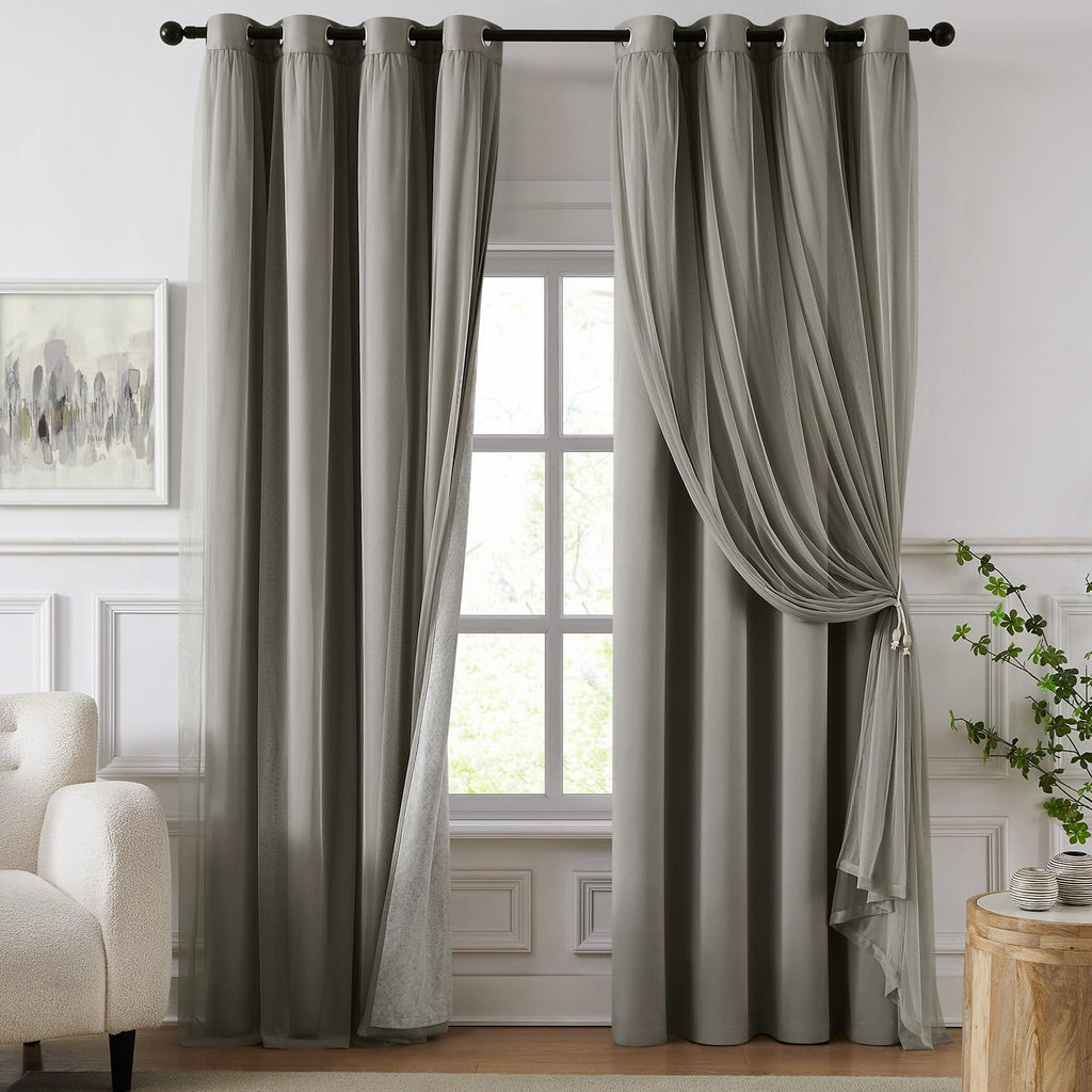 100% Blackout Curtains for Bedroom, Double Layer Pink Curtains, Black Out Curtain 84 inch Long with Sheer Overlay for Living Room, Room Darkening Window Drapes with Grommet, 52" W x 84" L