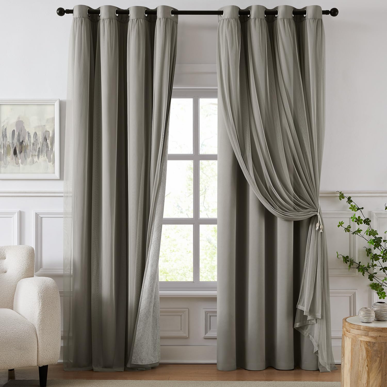 100% Blackout Curtains for Bedroom, Double Layer Pink Curtains, Black Out Curtain 84 inch Long with Sheer Overlay for Living Room, Room Darkening Window Drapes with Grommet, 52" W x 84" L