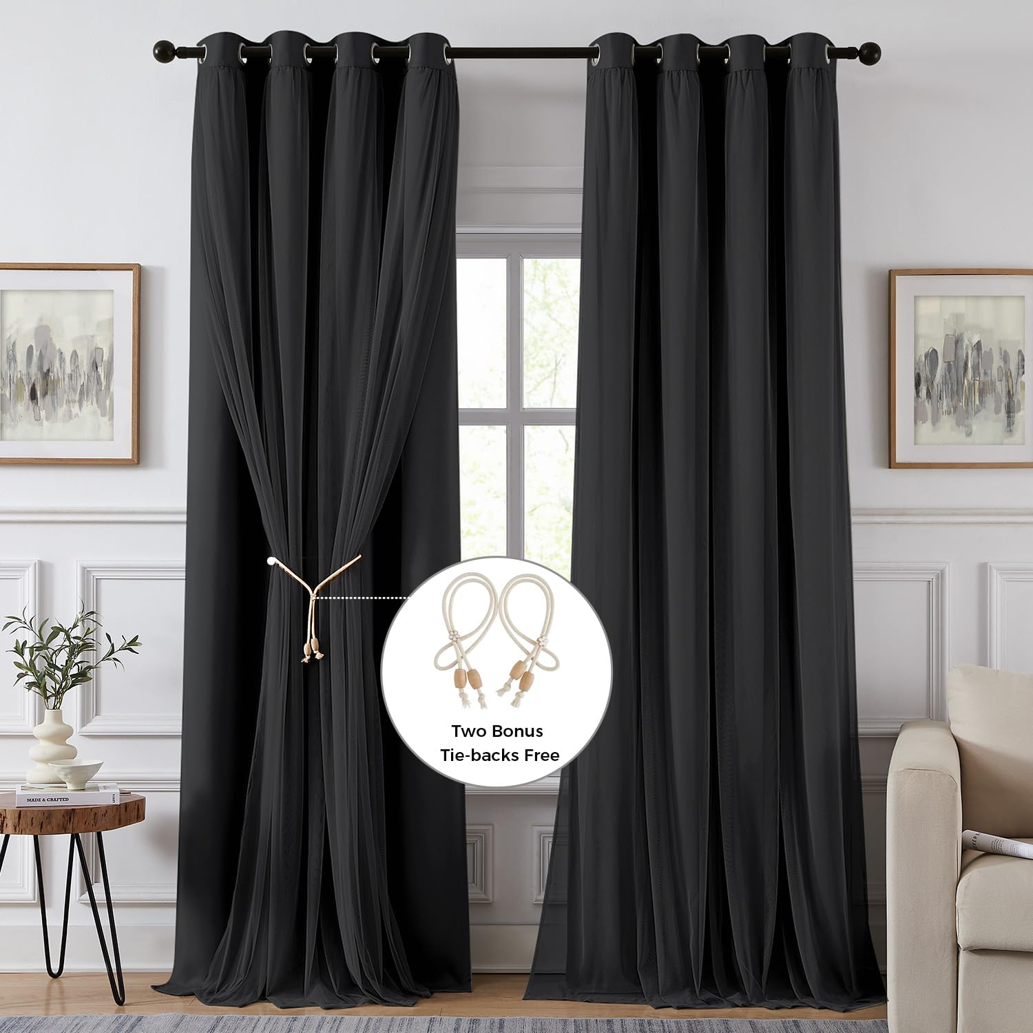 100% Blackout Curtains for Bedroom, Double Layer Pink Curtains, Black Out Curtain 84 inch Long with Sheer Overlay for Living Room, Room Darkening Window Drapes with Grommet, 52" W x 84" L