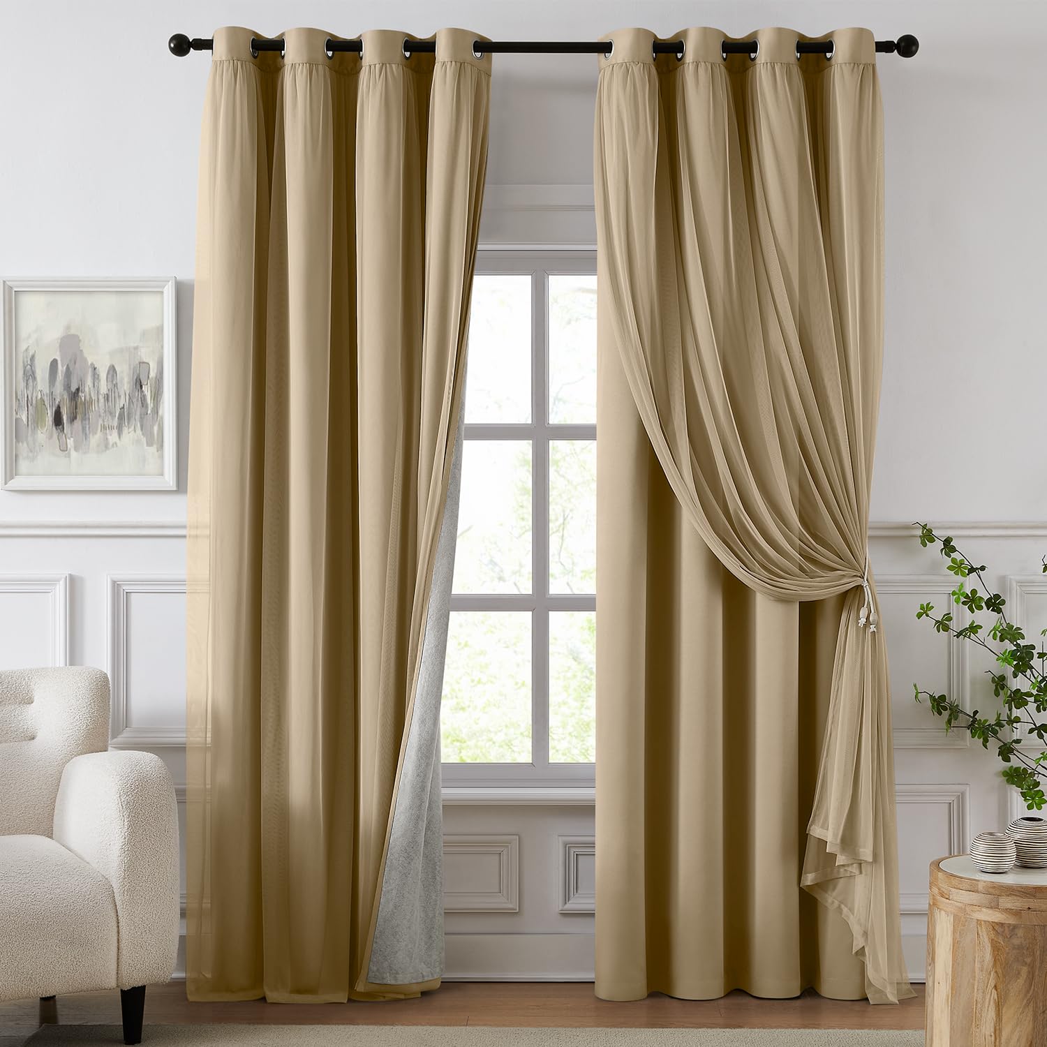 100% Blackout Curtains for Bedroom, Double Layer Pink Curtains, Black Out Curtain 84 inch Long with Sheer Overlay for Living Room, Room Darkening Window Drapes with Grommet, 52" W x 84" L