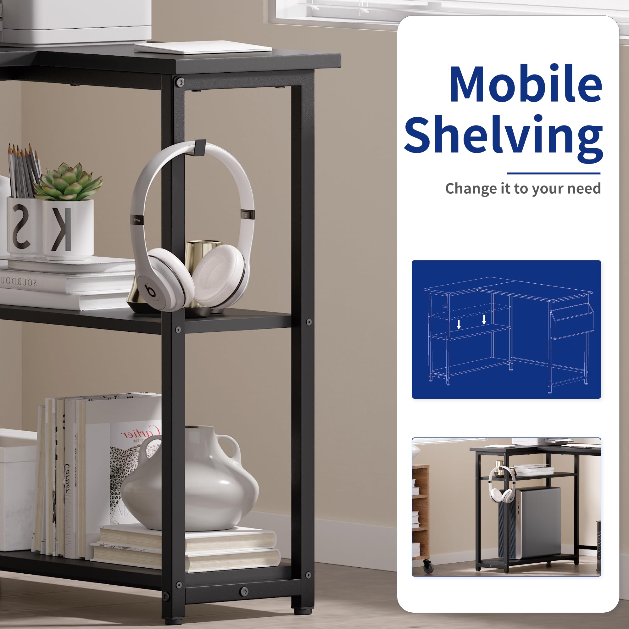 Pamray 43 Inch L Shaped Computer Desk with Reversible Side Storage Shelves, Small Corner Desk for Small Space Home Office,Writing Study Table PC Desk for Bedroom,Pink with White Leg