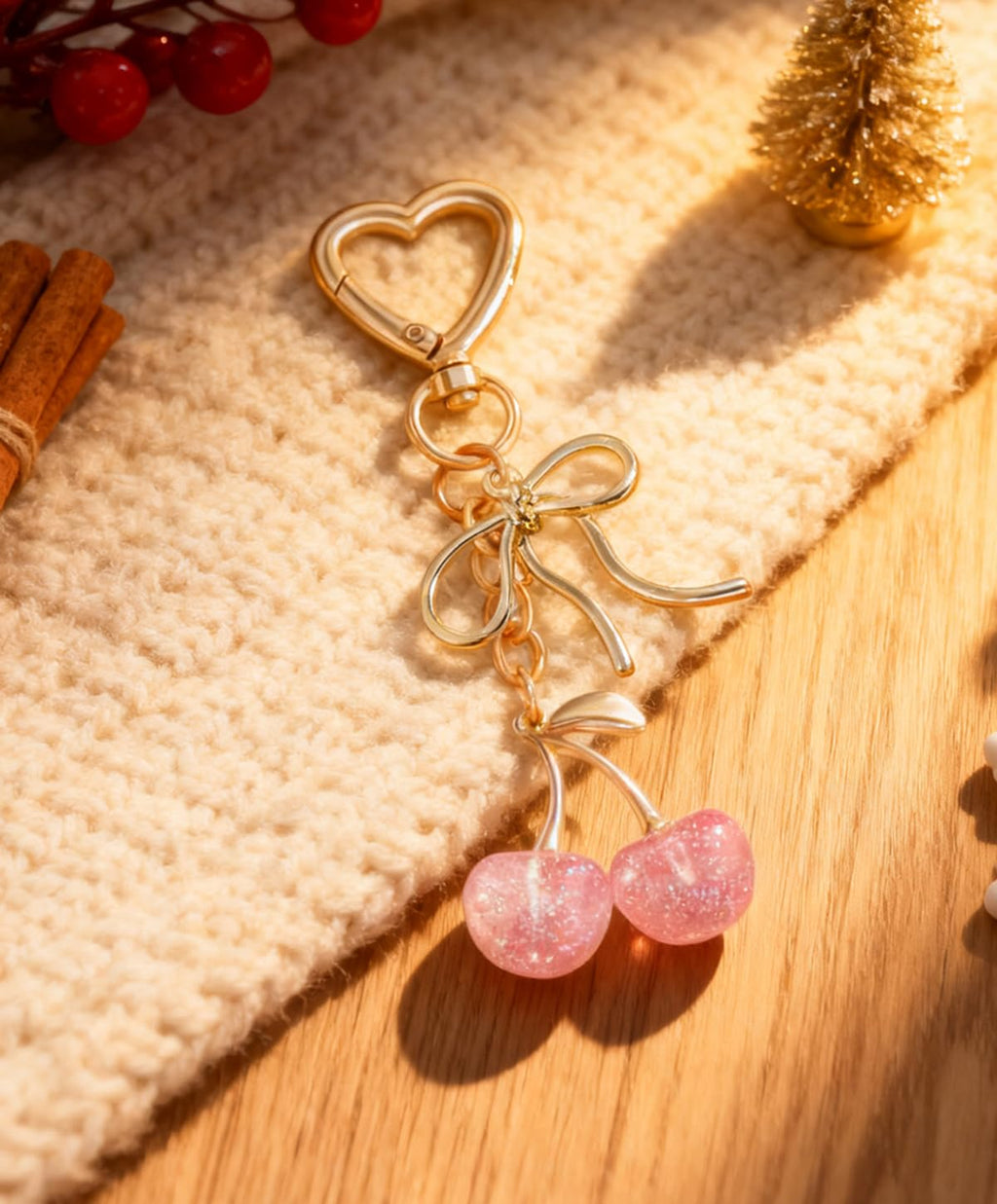Rikhiua Cute Cherry Keychain Bag Charm Elegant Bow Keychain for Women Friends Family Birthday Christmas Inspirational Gift