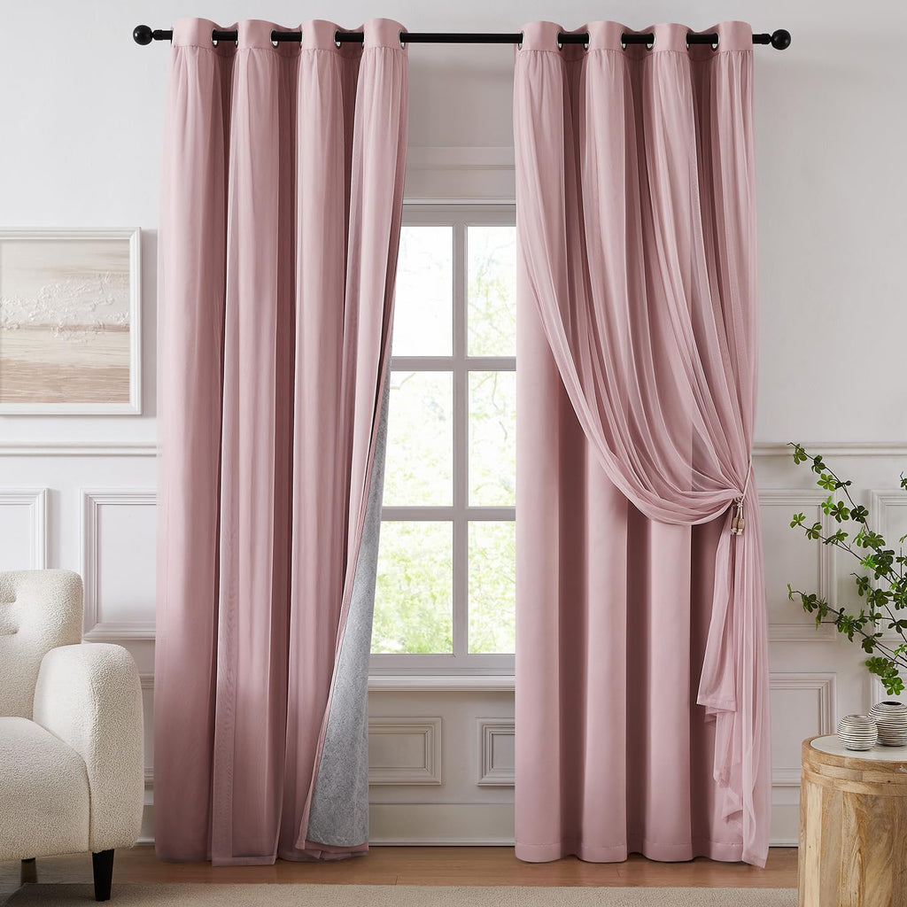 100% Blackout Curtains for Bedroom, Double Layer Pink Curtains, Black Out Curtain 84 inch Long with Sheer Overlay for Living Room, Room Darkening Window Drapes with Grommet, 52" W x 84" L
