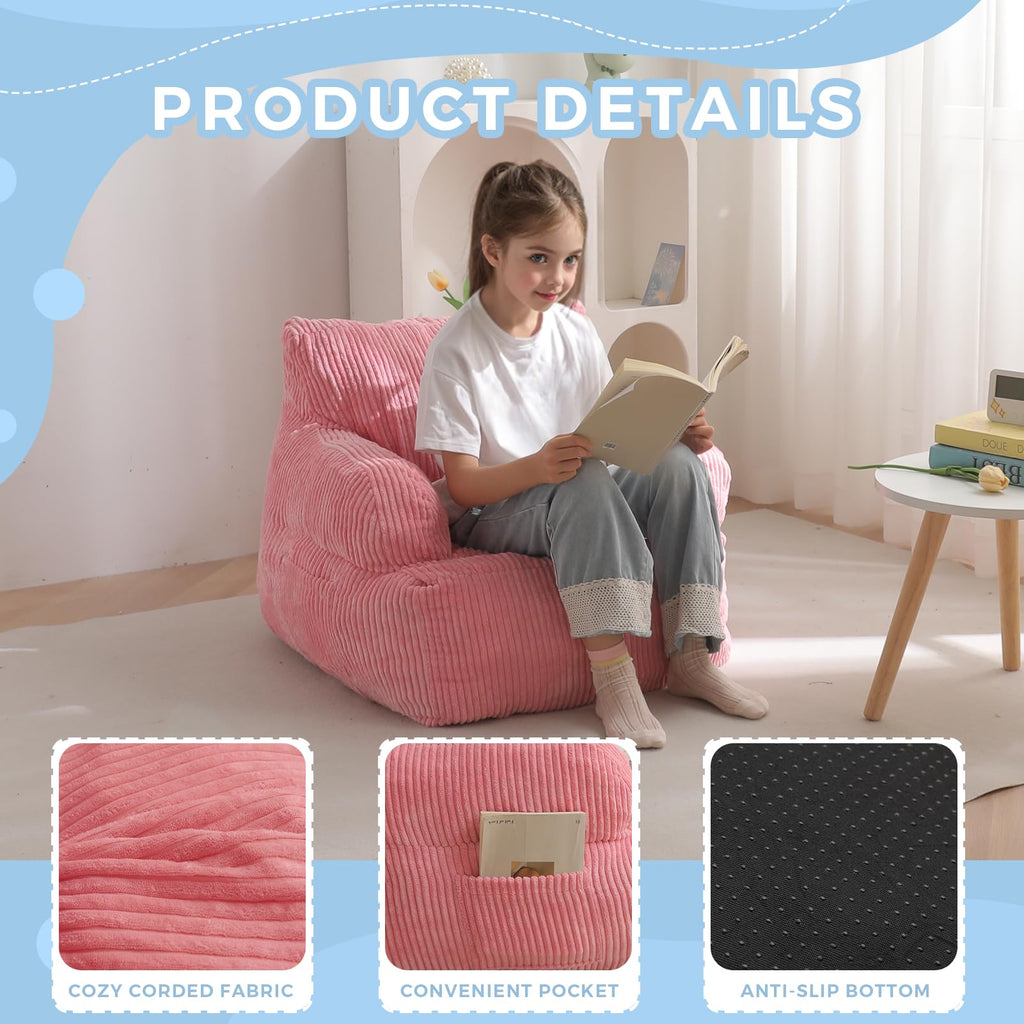 MAXYOYO Kids Bean Bag Chair, Stuffed Toddler Bean Bag Sofa with Filler Bean Bag Chair for Boys and Girls, Lazy Sofa with Pocket Floor Chair for Gaming, Reading, Pink