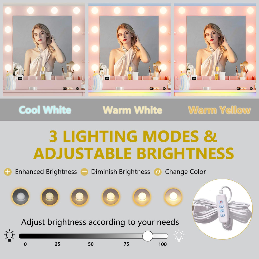 Vanity Desk with Mirror and Lights, 43'' Pink Makeup Dressing Table Set with 5 Drawers & Chair, Power Outlet, 3 Lighting Modes Adjustable Brightness & RGB LED for Women Girls Bedroom Bathroom