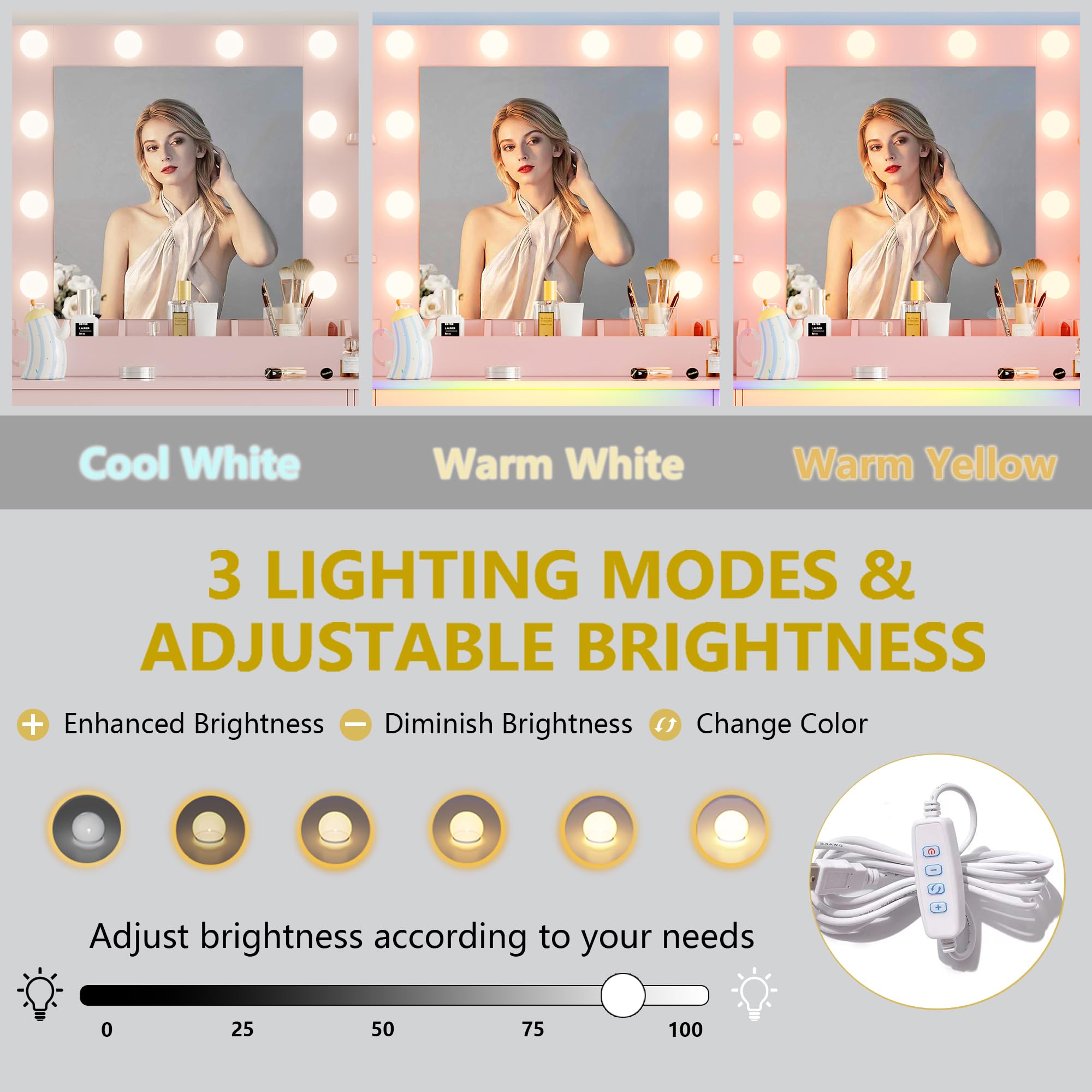 Vanity Desk with Mirror and Lights, 43'' Pink Makeup Dressing Table Set with 5 Drawers & Chair, Power Outlet, 3 Lighting Modes Adjustable Brightness & RGB LED for Women Girls Bedroom Bathroom