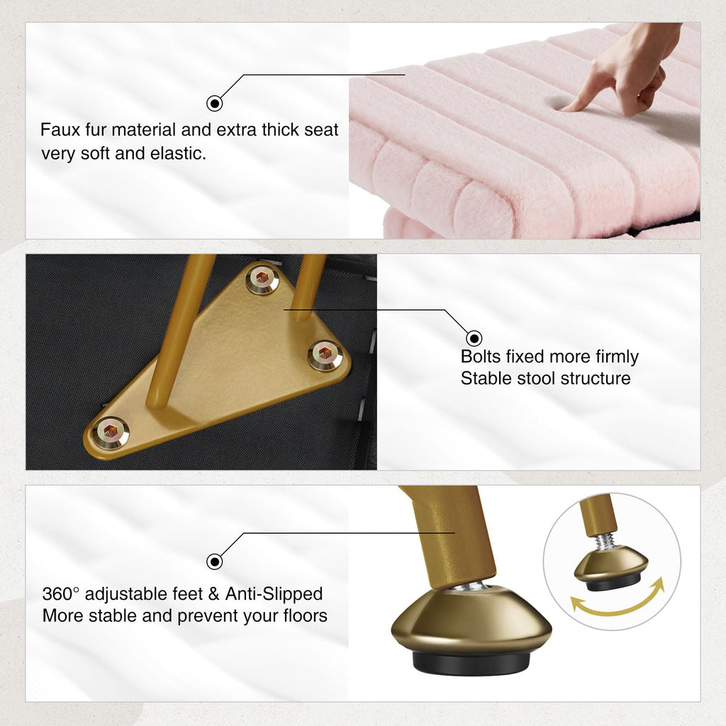 Greenstell Vanity Stool Chair Faux Fur with Storage, 15.7"L x 11.8"W x 19.4"H Soft Ottoman 4 Metal Legs with Anti-Slip Feet, Furry Padded Seat, Modern Multifunctional Chairs for Makeup, Bedroom Pink