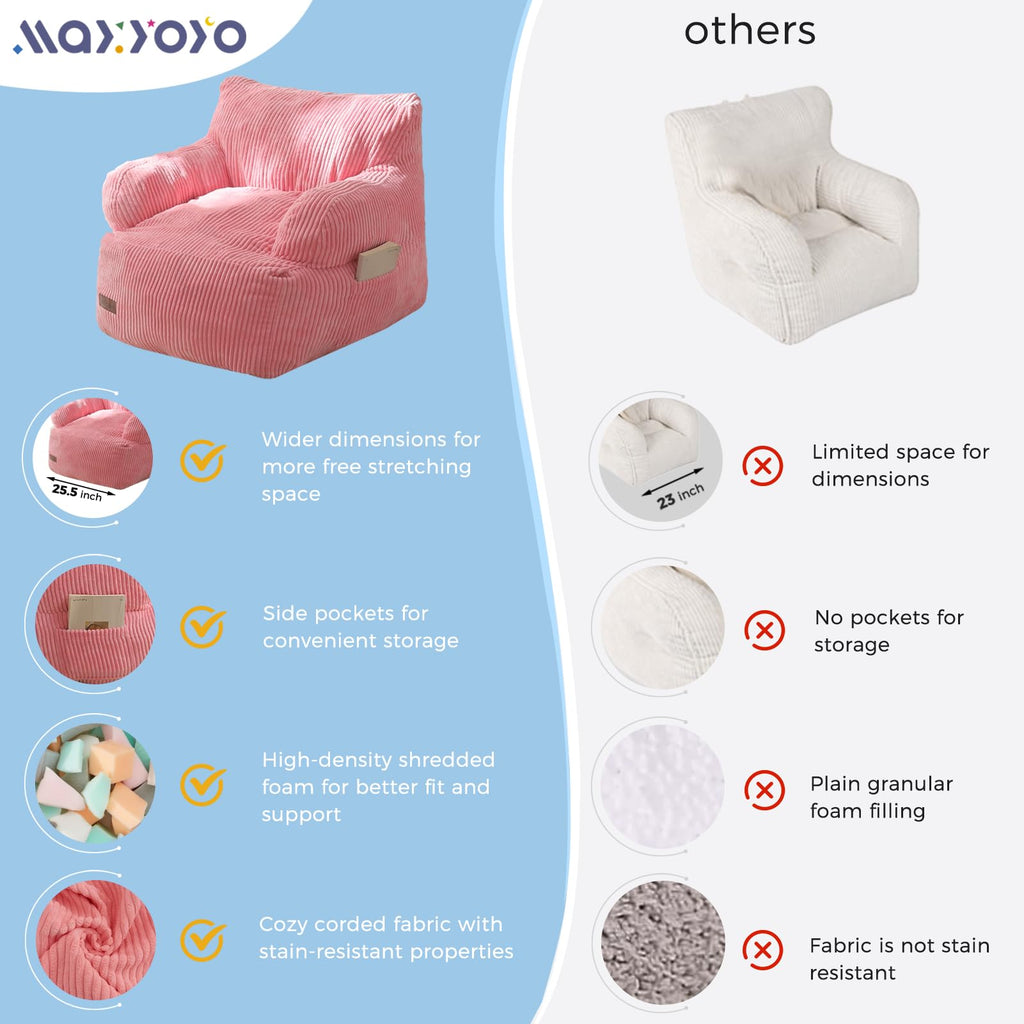 MAXYOYO Kids Bean Bag Chair, Stuffed Toddler Bean Bag Sofa with Filler Bean Bag Chair for Boys and Girls, Lazy Sofa with Pocket Floor Chair for Gaming, Reading, Pink