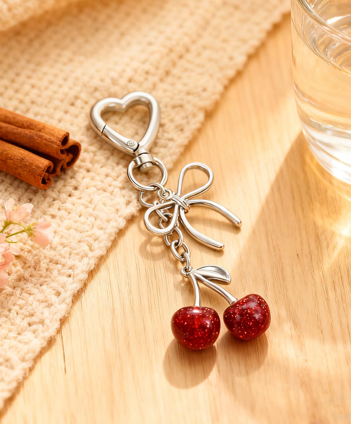 Rikhiua Cute Cherry Keychain Bag Charm Elegant Bow Keychain for Women Friends Family Birthday Christmas Inspirational Gift