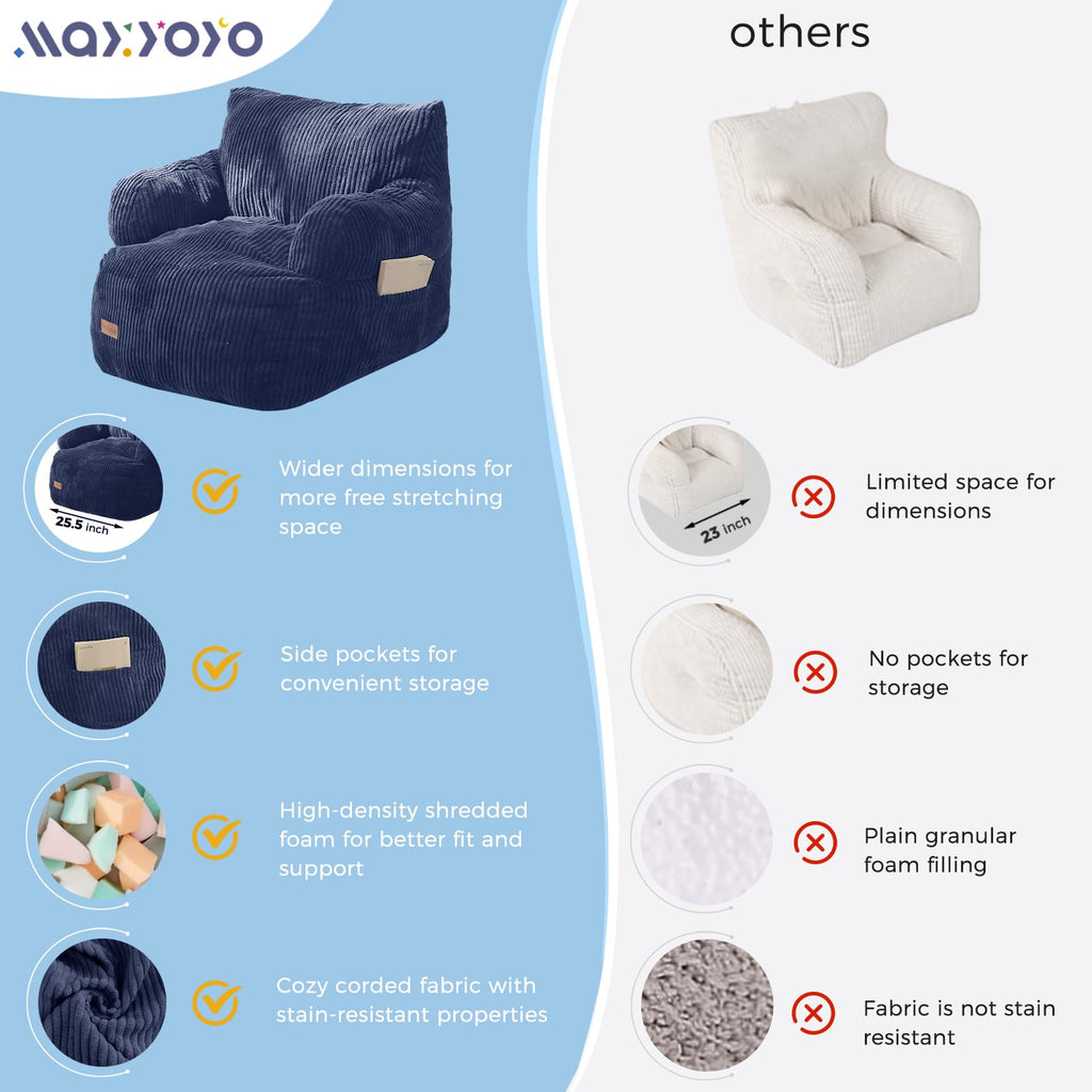 MAXYOYO Kids Bean Bag Chair, Stuffed Toddler Bean Bag Sofa with Filler Bean Bag Chair for Boys and Girls, Lazy Sofa with Pocket Floor Chair for Gaming, Reading, Pink