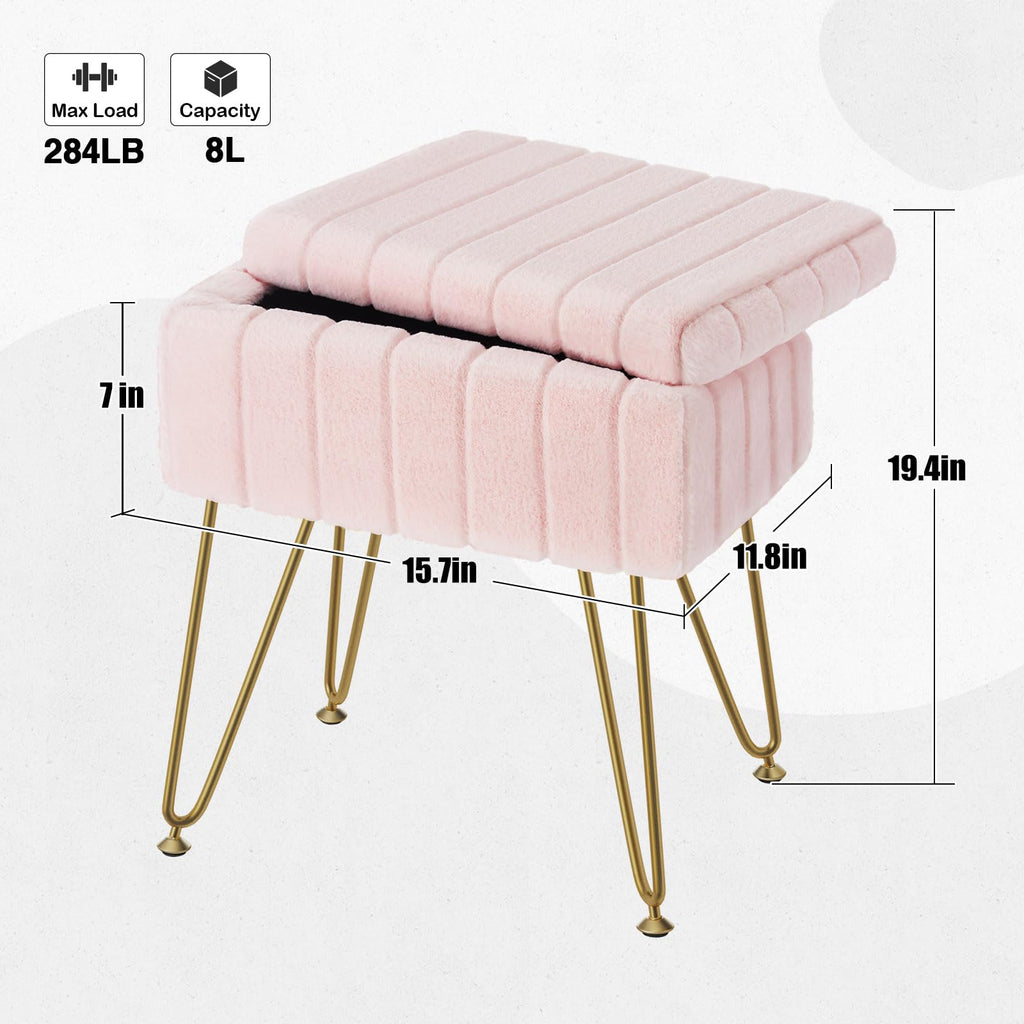 Greenstell Vanity Stool Chair Faux Fur with Storage, 15.7"L x 11.8"W x 19.4"H Soft Ottoman 4 Metal Legs with Anti-Slip Feet, Furry Padded Seat, Modern Multifunctional Chairs for Makeup, Bedroom Pink