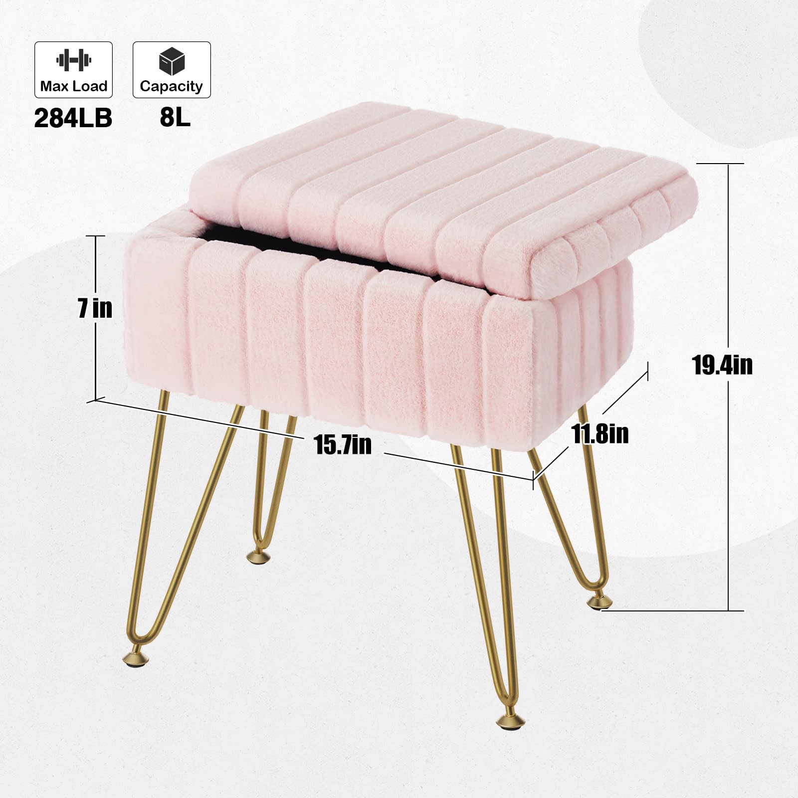 Greenstell Vanity Stool Chair Faux Fur with Storage, 15.7"L x 11.8"W x 19.4"H Soft Ottoman 4 Metal Legs with Anti-Slip Feet, Furry Padded Seat, Modern Multifunctional Chairs for Makeup, Bedroom Pink