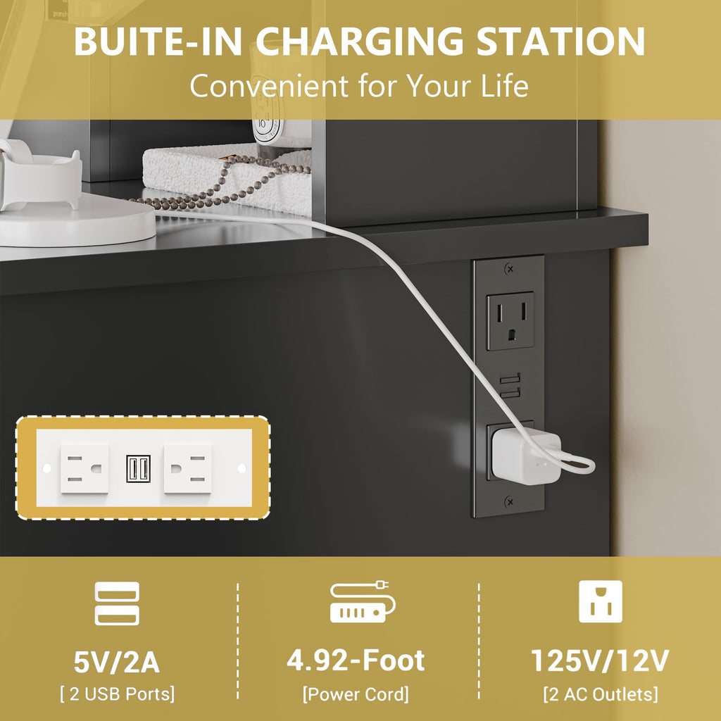 Vanity Desk with Mirror and Lights, 43'' Pink Makeup Dressing Table Set with 5 Drawers & Chair, Power Outlet, 3 Lighting Modes Adjustable Brightness & RGB LED for Women Girls Bedroom Bathroom