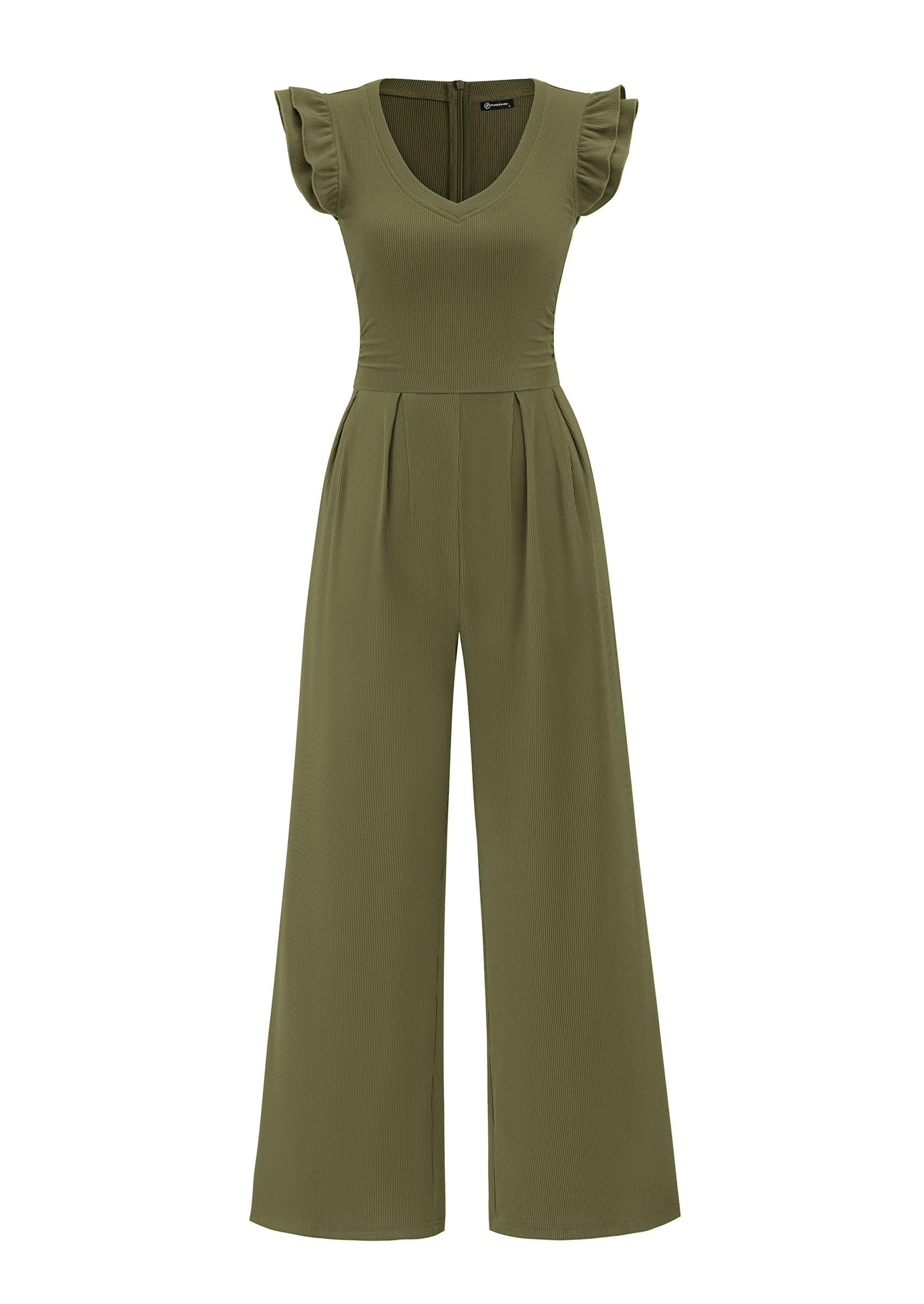 PRETTYGARDEN One Piece Jumpsuits For Women Dressy Ruffle Cap Sleeve V Neck Ribbed Knit Wide Leg Romper Casual Spring Outfits