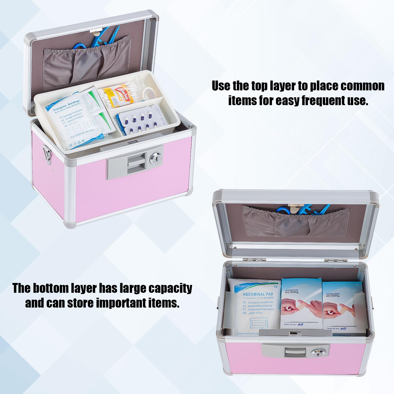 Medicine Lock Box,First Aid Safe Medication Storage Box,Layered Aluminum Daily Medicine Cabinet Family Use,12.2" x 7.9" x 7.5", Pink