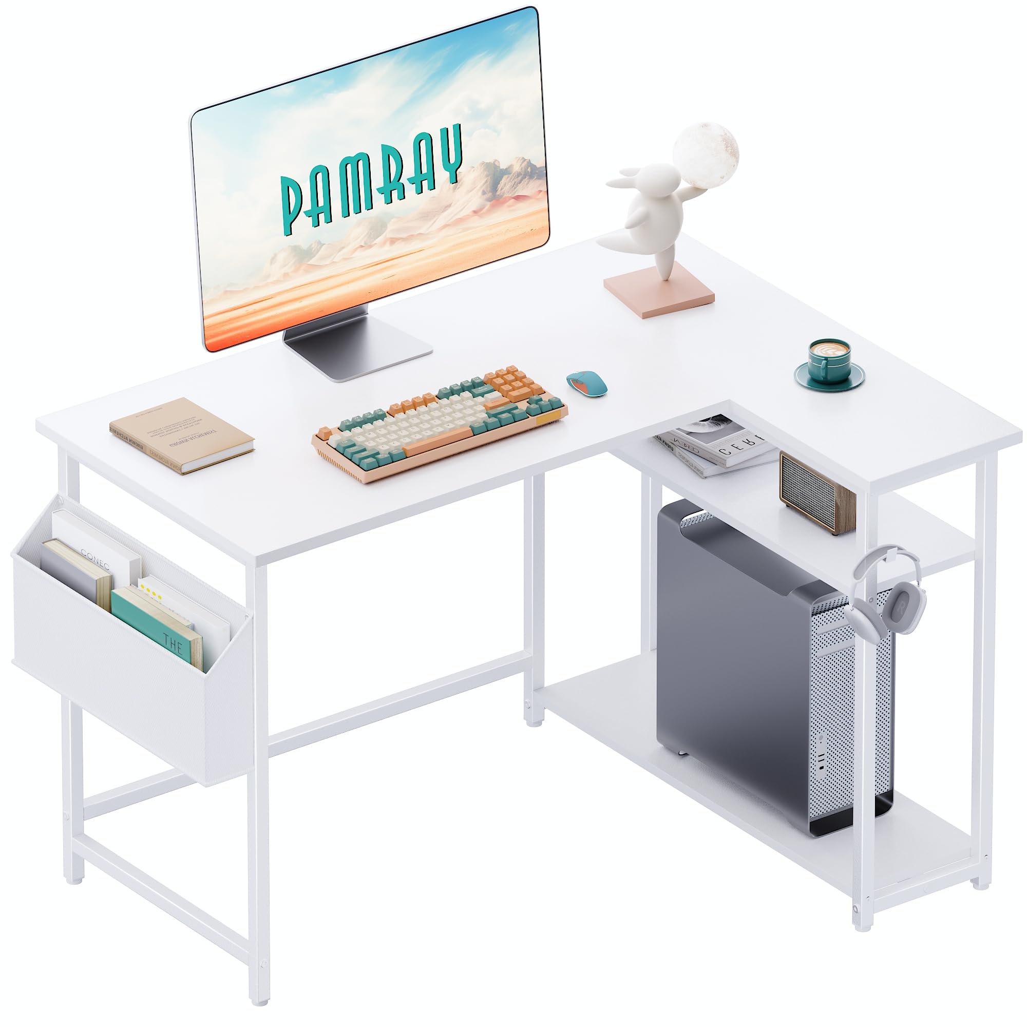 Pamray 43 Inch L Shaped Computer Desk with Reversible Side Storage Shelves, Small Corner Desk for Small Space Home Office,Writing Study Table PC Desk for Bedroom,Pink with White Leg